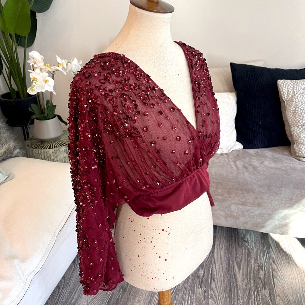 Sheer wine sequin body suit
